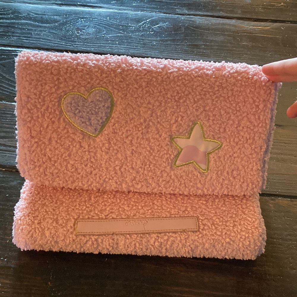 Pink Fuzzy Kids Tablet Pillow with Heart and Star Accents